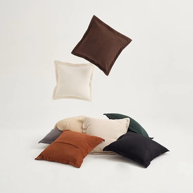 Pack of 3 Decorative Neutral Throw Pillow Covers 22x22inch, Soft Striped Corduroy Boho Vintage Square Pillow Covers for Sofa Couch Girls' Bedroom Dorm Chic Lounge(Classic Black, White & Grey)