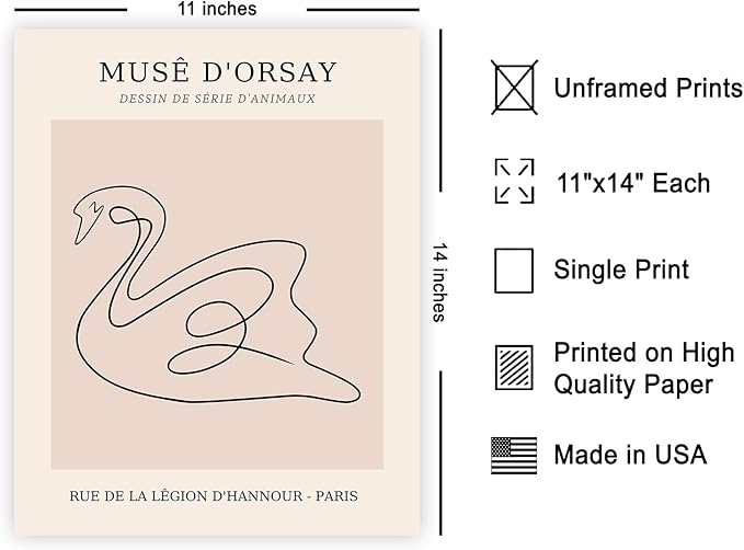 Poster Master Vintage Poster - Retro One Line Swan Drawing Print - Swan Art - Bird Art - Minimal Gift for Her, Animal Lover - Abstract Decor for Home, Office, Bedroom - 11x14 UNFRAMED Wall Art