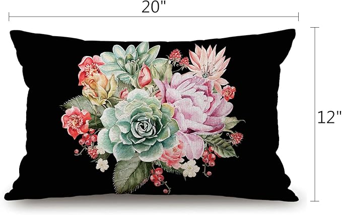 Watercolor Vintage Rose Pillow Cover Farmhouse Peony Succulents Decorations Cushion Case for Sofa Couch Cotton Linen 12x20 Inches