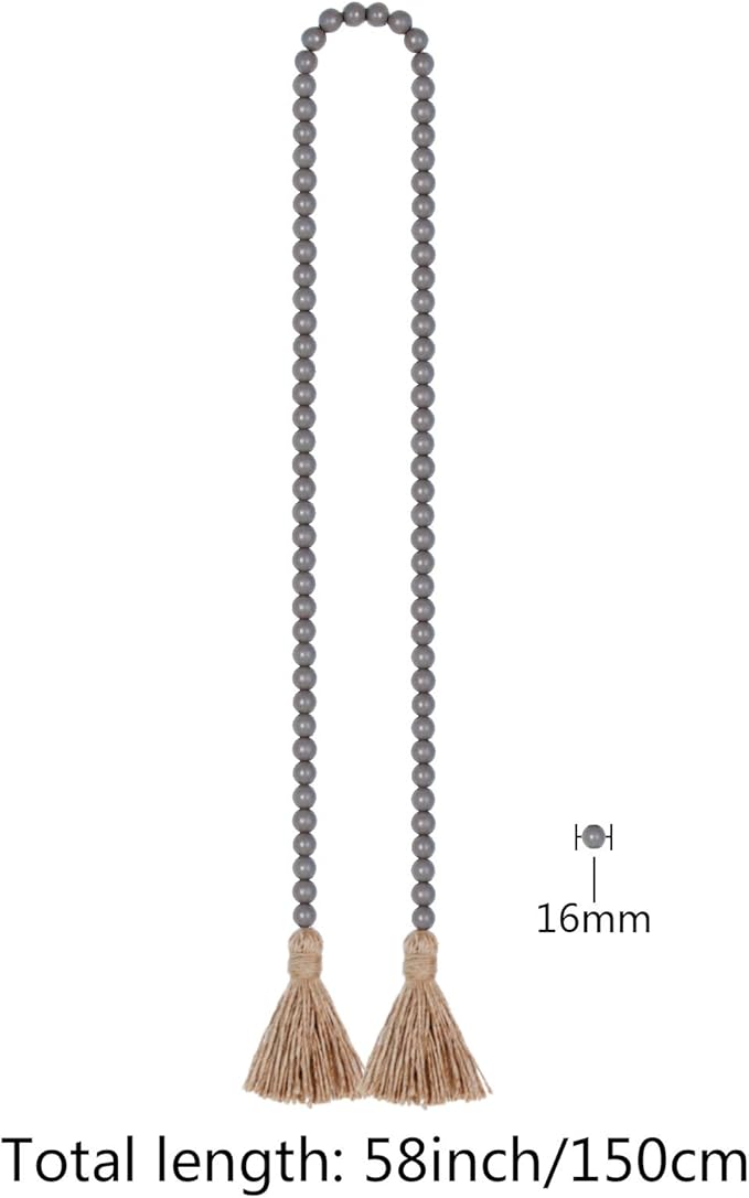 58in Wood Bead Garland with Tassels, Farmhouse Rustic Country Decor Prayer Boho Wall Hanging Decoration (Gray)