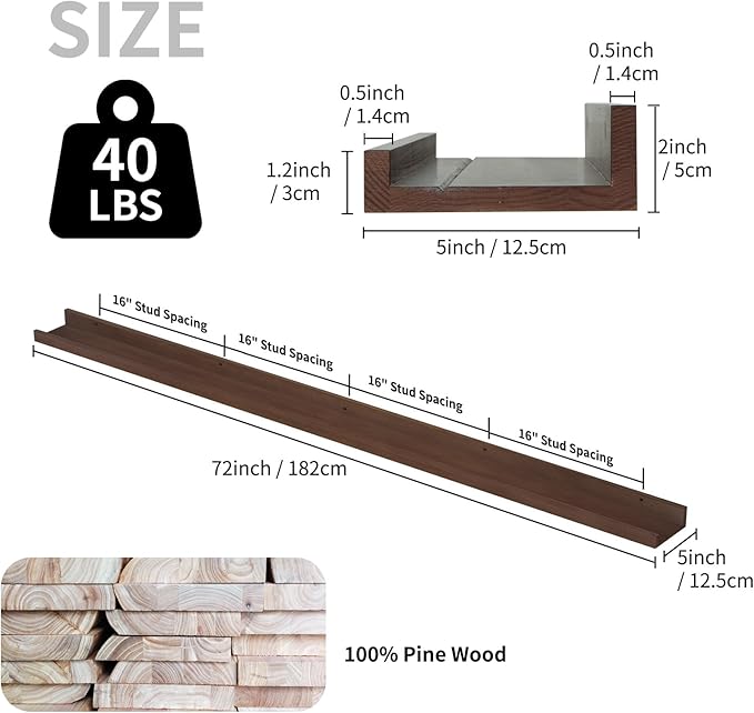 SAUMONIERES Picture Ledge Shelf Floating Book Shelves Set of 2 Wall Mounted Solid Wood for Bedroom Bathroom Living Room Kitchen, 72 Inch Walnut