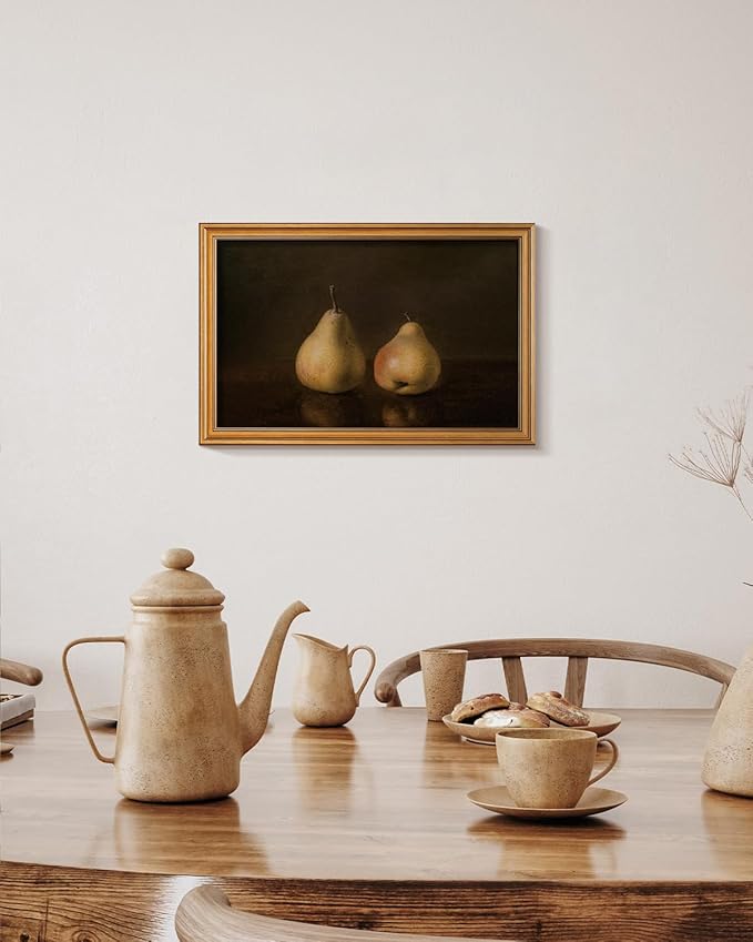 HUARCEY Gold Framed Vintage Wall Art for Living Room, Pear Fruits Painting Prints Shelf Decor for Kitchen, Aesthetic Bedroom Wall Art Decor, Christmas Gift for Friends or Family (Two Pears 16"x24")