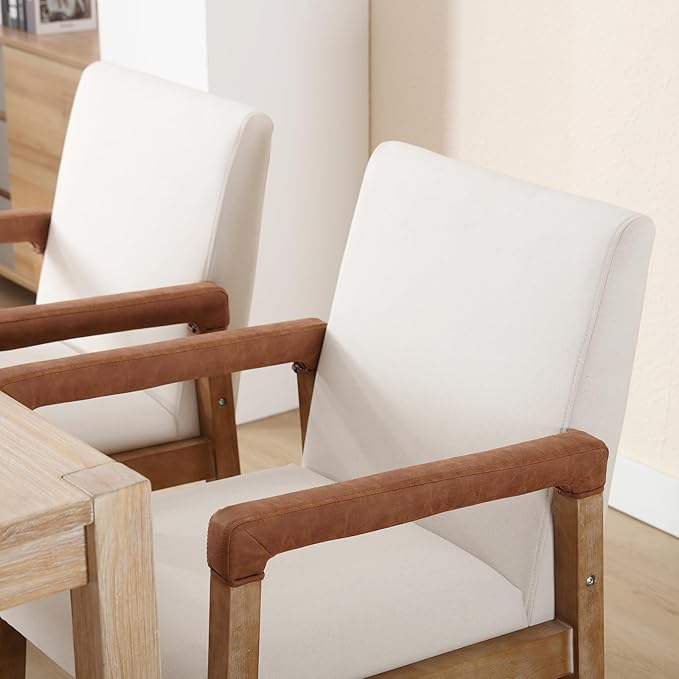 Kmax Modern Dining Chairs Set of 6 Linen Fabric Kitchen Arm Chairs Upholstered Accent Chairs with Wooden Legs for Dining Room, Living Room, Bedroom, White