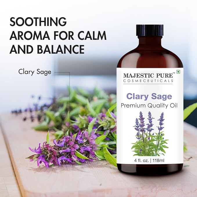 Majestic Pure Clary Sage Essential Oil with Glass Dropper - Huge 4 Fl Oz - 100% Pure and Natural Clary Sage Oil - Premium Grade Essential Oils for Diffuser, Aromatherapy, Soap and Candle Making