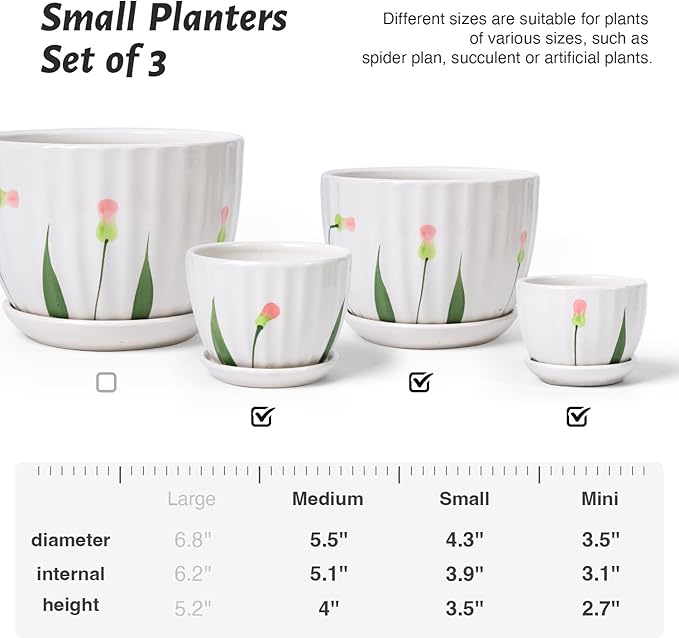 Ceramic Plant Pots with Drainage Holes and Saucers, Round White Flower Pots for Indoor Plant, Diameter 3.3/4.3/5.5 Inches Small Flower Planters Set of 3