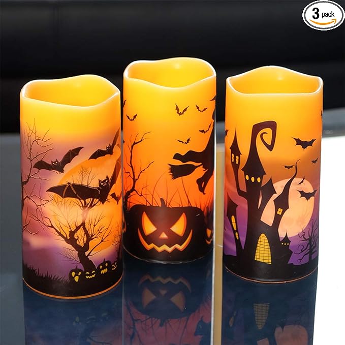Wondise Halloween Flameless Flickering Candles with 6hrs Timer, Battery Operated Candles with Halloween Decals Real Wax LED Pillar Candles for Halloween Home Table Decor (3 x 6 Inches), Orange