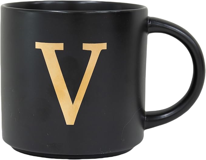 COLLECTIVE HOME - Monogram Ceramic Mugs, 15 oz Golden Initial Black Coffee Cups, Elegant Alphabet Tea Mugs, Elegant Personalized Mug with Gift Box, Unique Mug with Double Side Capital Lette (V)