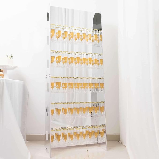 Tableclothsfactory Silver Mirror Finish 5-Tier Wine Glass Stemware Rack, 40 Champagne Flute Holder Foam Board Wall Stand - 5ft
