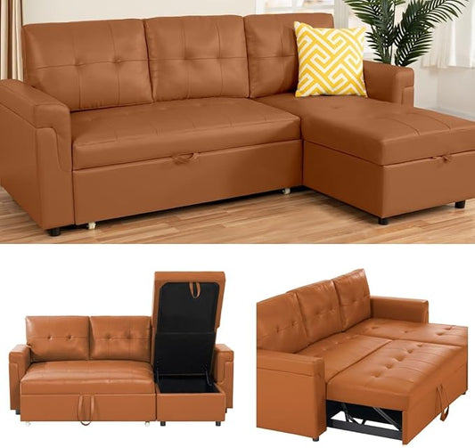 Naomi Home Transform Any Space: Sleeper Sectional Sofa with Convertible Sofa Bed & Inviting Chaise. Find Tranquil Comfort with Stress-Relieving Design & Durable Cushions - Caramel,Air Leather
