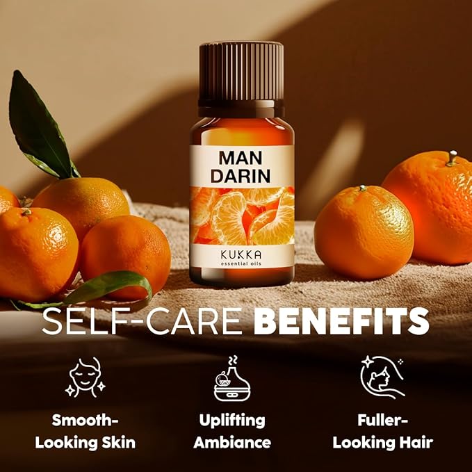 Kukka Mandarin Essential Oil for Diffuser Skin - 0.34 Fl Oz - 100% Pure Natural, Fresh & Citrusy Scent for Aromatherapy,Candle, Bath Bomb & Soap Making Scent DIY