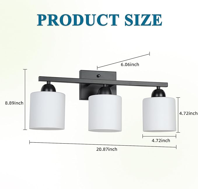 Milk Glass Vanity Lights for Bathroom, 3 Light Matte Black Bathroom Light Fixtures Over Mirror, Ceramic E26 Sockets Wall Mounted