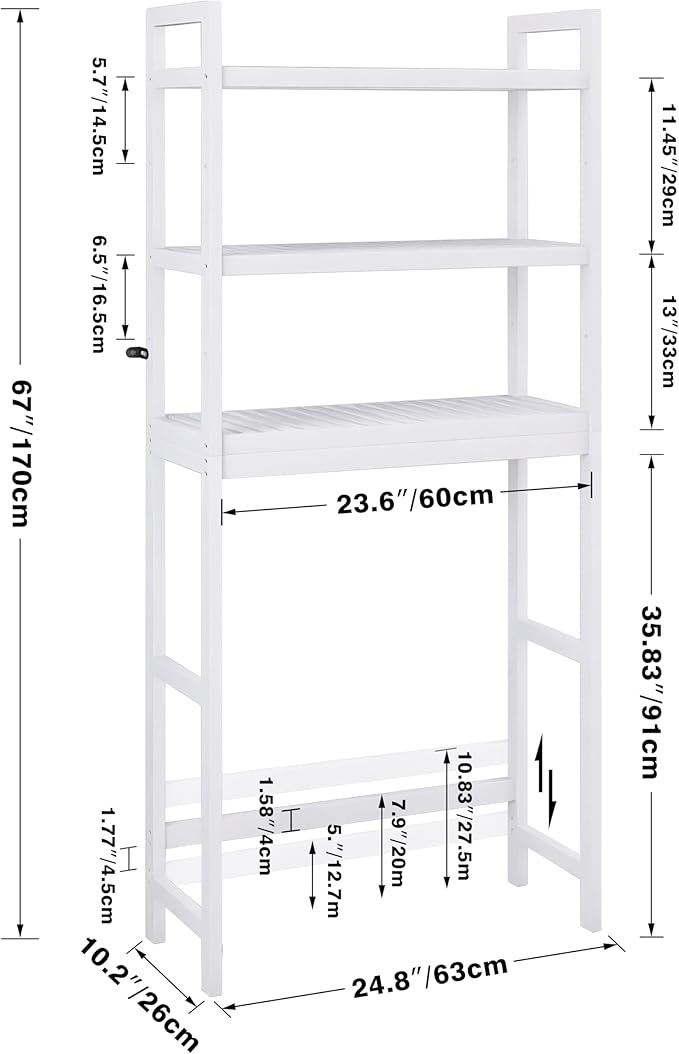 SMIBUY Bathroom Storage Shelf, Bamboo Over-The-Toilet Organizer Rack, Freestanding Toilet Space Saver with 3-Tier Adjustable Shelves (White)