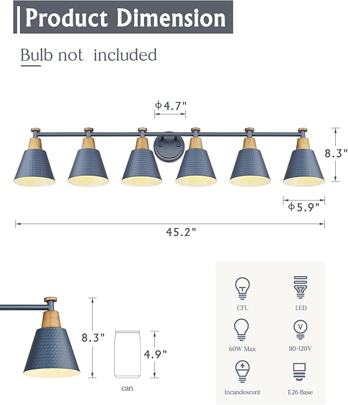 FEMILA Vintage Bathroom Light Fixtures, 45.3" Vanity Lighting Fixtures Over Mirror, 6 Light Vanity Light, Blue Finish, 4FG59B-6W Blue
