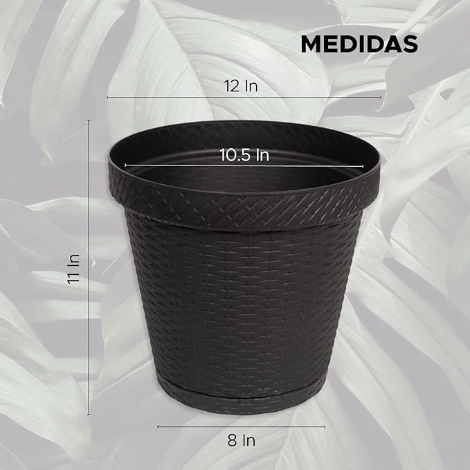 Elly Décor Set of 2 12 inch Round Saucer Modern Self Watering Planter Plates, Pots with Rattan-Like Finish, 12x12 Gray