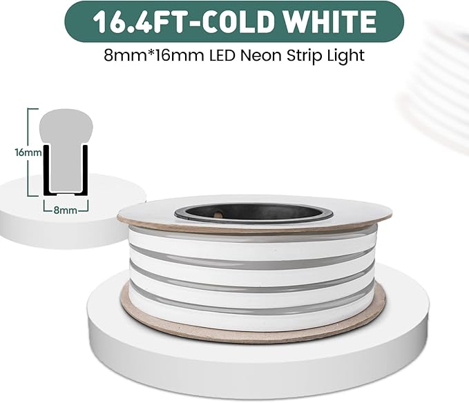 GZBtech Flexible LED Neon Rope Lights 16.4FT,AC 110-120V Waterproof Strip Light, 120 LEDs/M Cuttable Connectable Neon Lighting for Indoor Outdoor Home Decor/Commercial Building Use-Cold White 5M