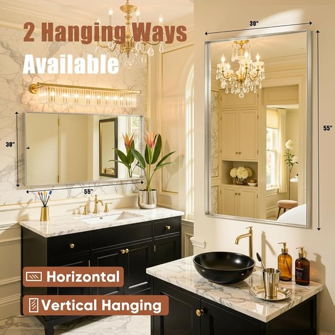 55"x30" Silver Framed Bathroom Mirror, Large Rectangular Vanity Mirror, Aluminum Metal Frame, Wall Farmhouse Modern Wall-Mounted Mirrors for Bathroom, Bedroom, Living Room, Over Sink