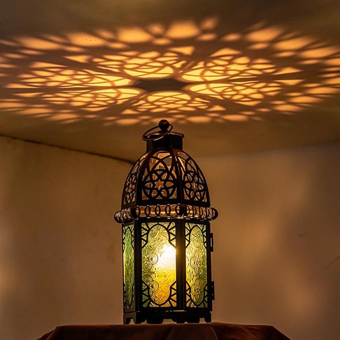 NEEDOMO Hanging Moroccan Lantern, 12.8'' Vintage Candle Holder, Metal Lanterns Decorative Indoor Outdoor, Table, Patio, Porch, Shelf, Gothic Home Decor (Green, Large Size)