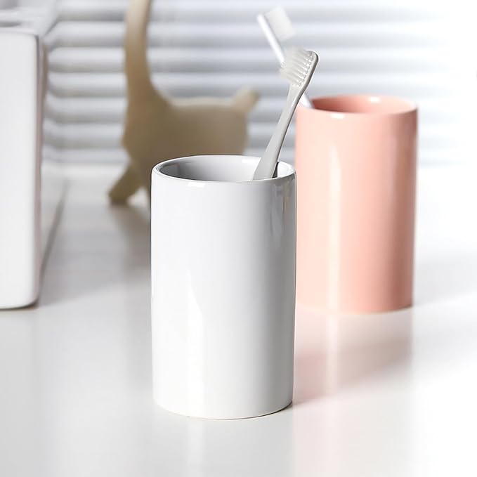 White Ceramic Toothbrush Holder, Tumbler Cups Reusable Toothbrush Mouthwash Cup,Makeup Brush Holder, Bathroom Counter Organizer(300ml)