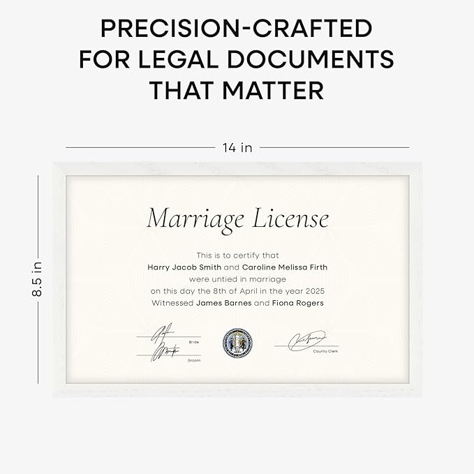 Homeforia 8.5x14 Marriage License Frame White, High End Oak 8.5x14 Certificate White Wood Frames, 8.5by14 Wooden Frame for Wall & Tabletop, 8.5 by 14 Picture Frames, Tempered Glass, Wall Kit, Set of 1