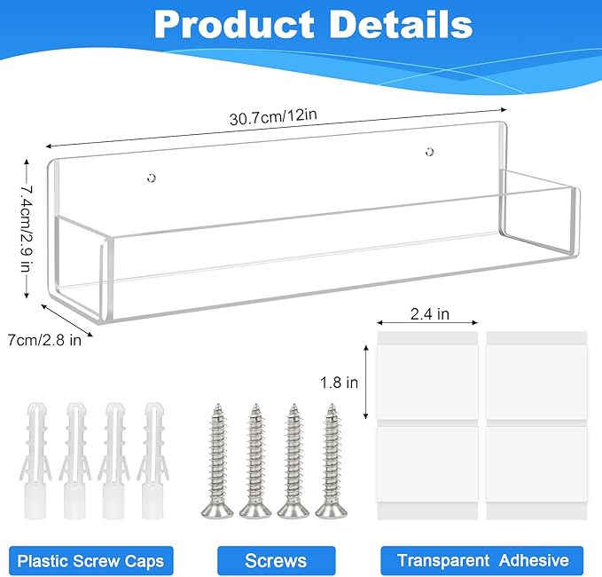 Acrylic Spice Rack Wall Mount-12 Inch, Clear Spice Shelf Storage Holder, 4 Pack Hanging Seasoning Rack Organizer for Cabinet Door, Cupboard or Wall Kitchen (Adhesive or Screw)