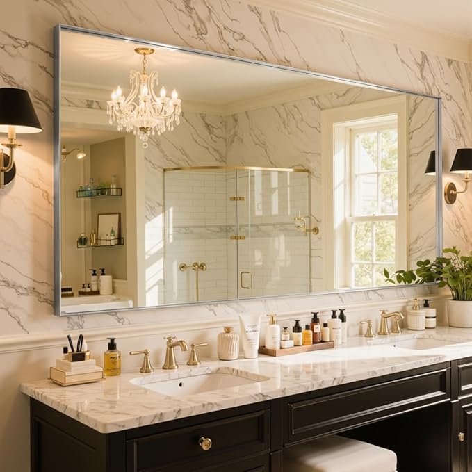 55"x36" Silver Framed Bathroom Mirror, Large Rectangular Vanity Mirror, Aluminum Metal Frame, Wall Farmhouse Modern Wall-Mounted Mirrors for Bathroom, Bedroom, Living Room, Over Sink