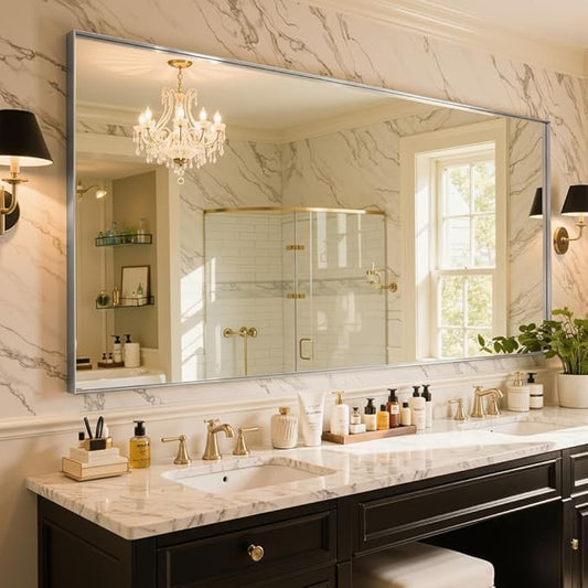 55"x36" Silver Framed Bathroom Mirror, Large Rectangular Vanity Mirror, Aluminum Metal Frame, Wall Farmhouse Modern Wall-Mounted Mirrors for Bathroom, Bedroom, Living Room, Over Sink