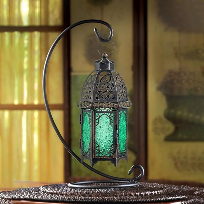NEEDOMO Hanging Moroccan Lantern, 12.8'' Vintage Candle Holder, Metal Lanterns Decorative Indoor Outdoor, Table, Patio, Porch, Shelf, Gothic Home Decor (Green, Large Size)
