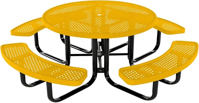 Coated Outdoor Furniture Heavy-Duty Portable Outdoor Kids Table with Umbrella Hole, Punched Steel Kids Picnic Table, Commercial-Grade, Made in America (46 In, Round, Childrens, Yellow)