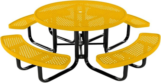 Coated Outdoor Furniture Heavy-Duty Portable Outdoor Kids Table with Umbrella Hole, Punched Steel Kids Picnic Table, Commercial-Grade, Made in America (46 In, Round, Childrens, Yellow)