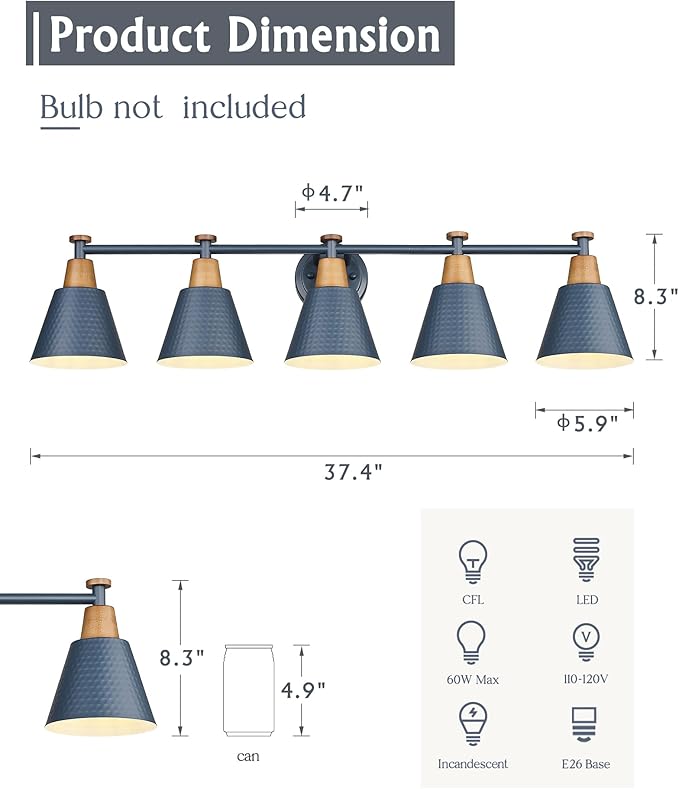 FEMILA 5 Light Bathroom Vanity Light, 37.4" Bathroom Lighting Fixtures Over Mirror, Blue Finish, E26 Base, 4FG59B-5W Blue