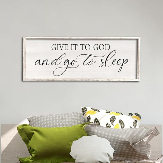 comurdyo Give It To God And Go to Sleep Sign 32''×12'' Master Bedroom Above Bed Wall Decor Wood Framed Couple Large Farmhouse Guest Room Rustic Simple Over Bedside Wall Art Hanging Decor (White)