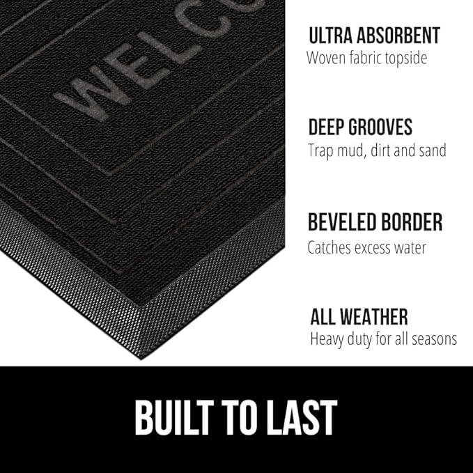GORILLA GRIP 100% Waterproof All-Season WeatherMax Doormat 35x23, US Designed Natural Rubber, Stain and Fade Resistant, Low Profile Indoor Outdoor Door Mats, Easy Clean Patio Mat, Black Welcome