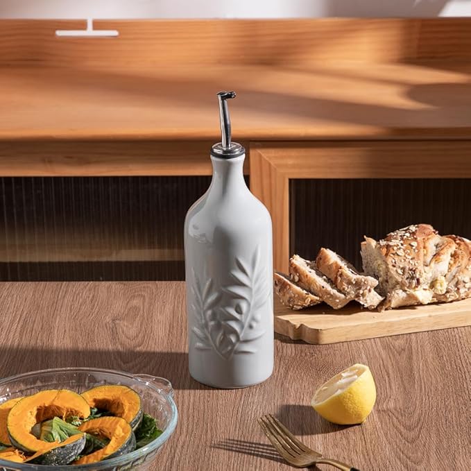 Sweejar Ceramic Olive Oil Dispenser Bottle, 20 Oz Relief Opaque Oil Cruet Protects Oil To Reduce Oxidation, Suitable for Storage Oil, Vinegar, Soy Sauce, Coffee Syrup, Liquids, Set of 1 (Gray)