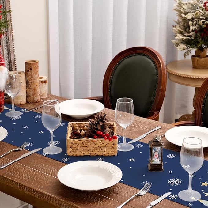 GEEORY Christmas Table Runner 13x108 Inch, Xmas Trees Snowflakes Holiday Decorative Farmhouse Table Decoration for Kitchen Dinning, Indoor Outdoor Dinner Party Decor (Blue) GT151-108