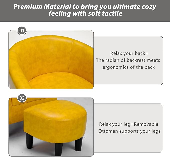 INZOY Modern Accent Chair with Ottoman for Small Space, Club Chair with Ottoman Set, Comfy PU Leather Barrel Reading Chairs for Living Room Bedroom, Round Reading Chair with Foot Rest, Yellow