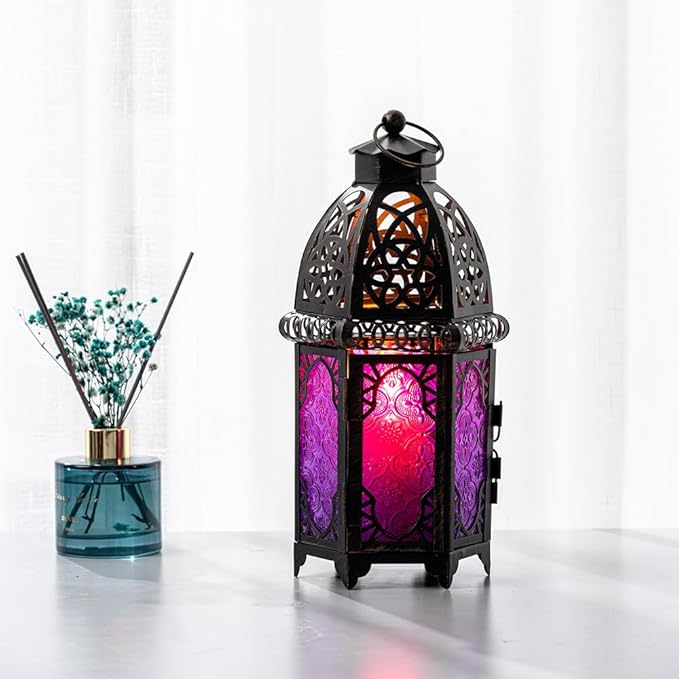 NEEDOMO Moroccan Candle Lantern, 12.8'' Hanging Lanterns Decorative Indoor Outdoor, Vintage Candle Holder for Chritsmas, Halloween, Table, Patio, Porch, Shelf, Gothic Home Decor (Purple)