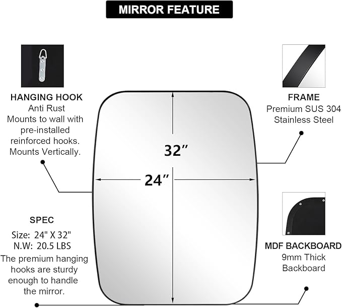 ANDY STAR Oval Bathroom Mirror, 24x32’’ Matte Black Metal Frame Oblong Mirror for Bathroom, Modern Black Oval Bathroom Mirror for Over Sink, Hangs Horizontal or Vertical