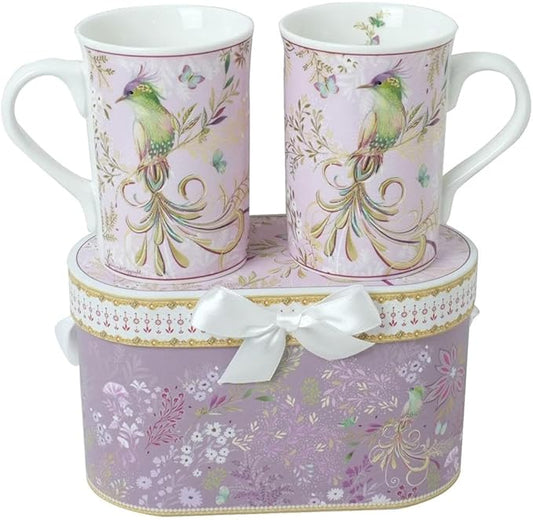 Lightahead Elegant Bone China Two Coffee Mugs Set in Bird Design 10.8 oz Each Cup in Attractive Gift Box