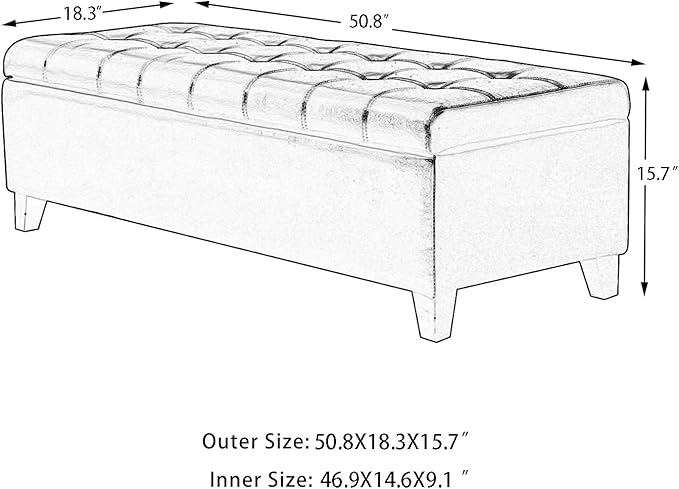 Joveco Storage Ottoman Bench, Tufted Leather 51 Inch Storage Bench for End of Bed Bedroom Living Room (51”, Dark Gray)