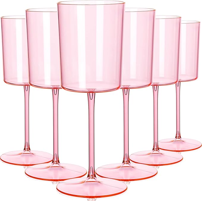 Ciaell 12 Pack Pink Plastic Wine Glasses - 10 Oz Disposable Wine Glasses with Stem for Parties & Weddings & Poolside & Outdoors & Camping