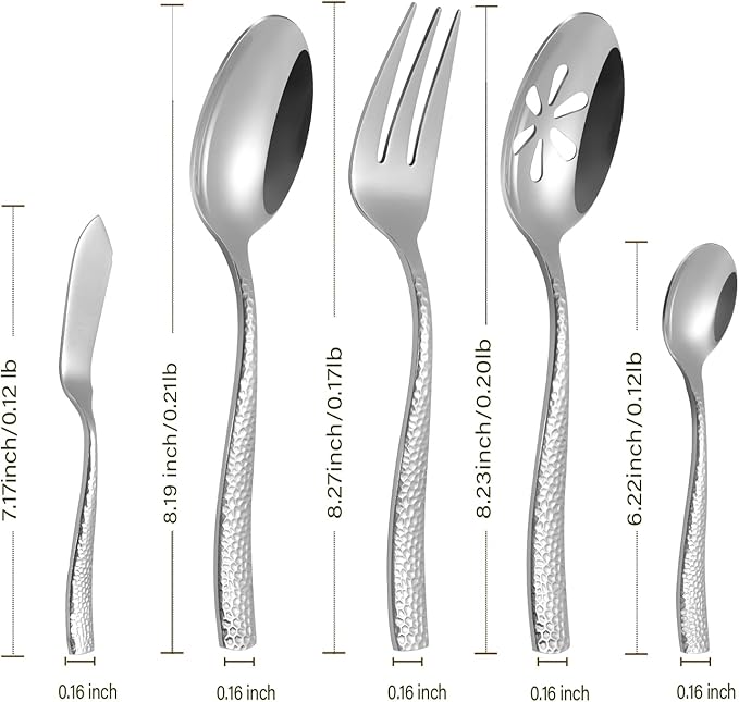 Silverware 45-Piece Silver Hammered Flatware Set with Serving Utensils Stainless Steel Thick Handle Mirror Polished Cutlery Set for Wedding Hotel Restaurant, Service for 8