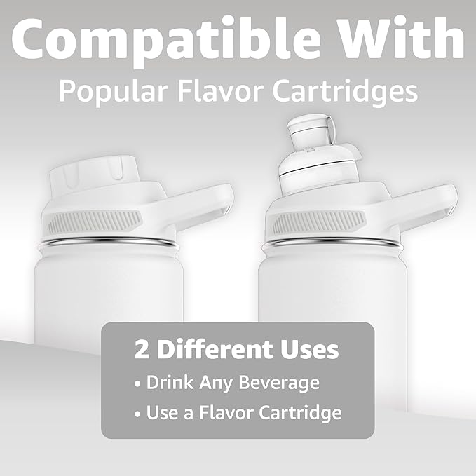 Chill Oasis Water Bottle | Compatible With Popular Flavor Cartridges | BPA Free, Leak Proof, Double-Walled Vacuum Insulated Stainless Steel, and Dishwasher Safe | Cold for 24 Hours (White, 12oz)