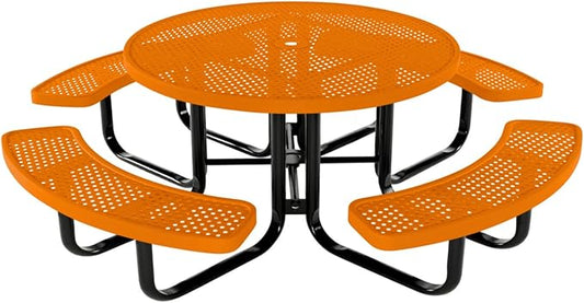 Coated Outdoor Furniture Heavy-Duty Portable Outdoor Kids Table with Umbrella Hole, Punched Steel Kids Picnic Table, Commercial-Grade, Made in America (46 In, Round, Childrens, Orange)