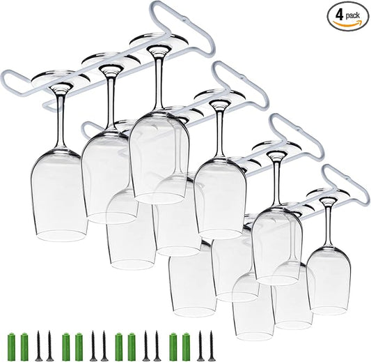 White 4 Wine Glass Rack Under Cabinet Shelf 10 Inch Stemware Storage Hanging Hanger Organizer Glasses Holder with Drying Under Counter Metal for Kitchen and Bar