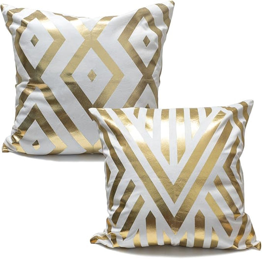 2Pcs Home Decorative Pillow Covers, Gold Foil Throw Pillow Geometric Square Cushion Covers Decor 18x18 inch Living Room Home Room Decor for Car Bed Couch (White and Gold)