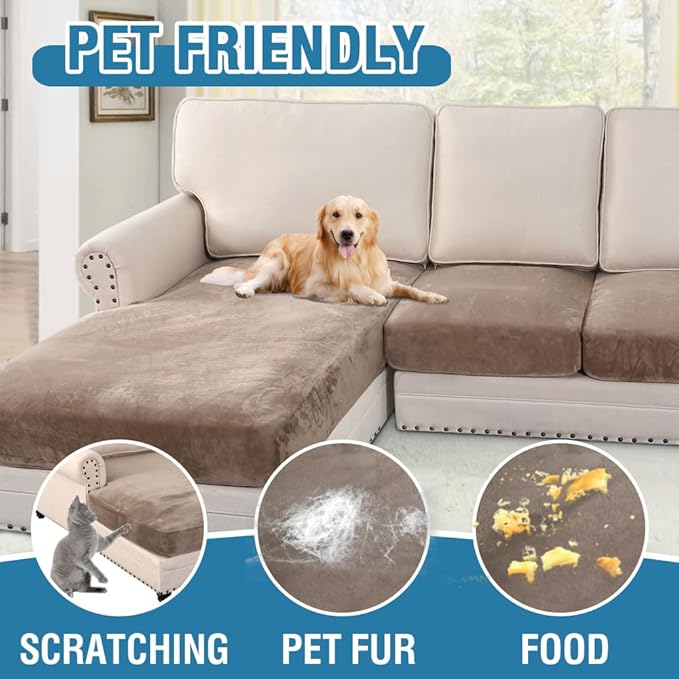 H.VERSAILTEX Velvet Stretch Sectional Couch Covers 4 Pieces Sofa Seat Cushion Covers L Shape Separate Cushion Couch Cover for Both Left/Right Sectional Couch (Large Sofa 3 Seater + 1 Chaise, Taupe)