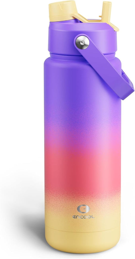 Insulated Water Bottle with Straw Stainless Steel Water Bottle, Leak-Proof, BPA-Free, Double Wall Vacuum Keeps Cold for 24 Hours for Sports, Travel, School (32 oz, Peach Dream)