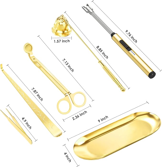 6 in 1 Candle Accessory Set,Candle Wick Trimmer Cutter,Candle Wick Dipper,Candle Wick Snuffer, Rechargeable Candle Lighter,Storage Tray Plate,Tweezers,Stainless Steel Candle Care Kit Home Gift(Gold)