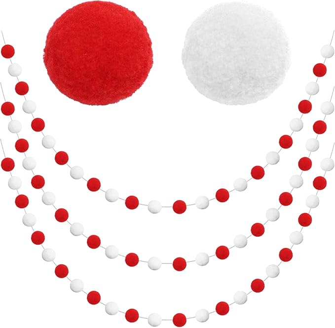 Jishi 3-Pack Pom Pom Garland Red and White Felt Ball Ornament Garland Christmas Decorations, Cute Pompom Strings for Christmas Tree Decor, Xmas Holiday Party, Birthday Banner - 6.6 Feet Long, 24 Balls