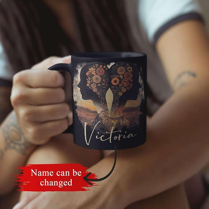 Personalized Autumn Landscape Black Cup, Custom Name Coffee Mug 11oz 15oz, Custom Floral Silhouette Ceramic Cup, Gifts for Women, Zodiac Inspired Coffee Mug, Gifts for Birthday